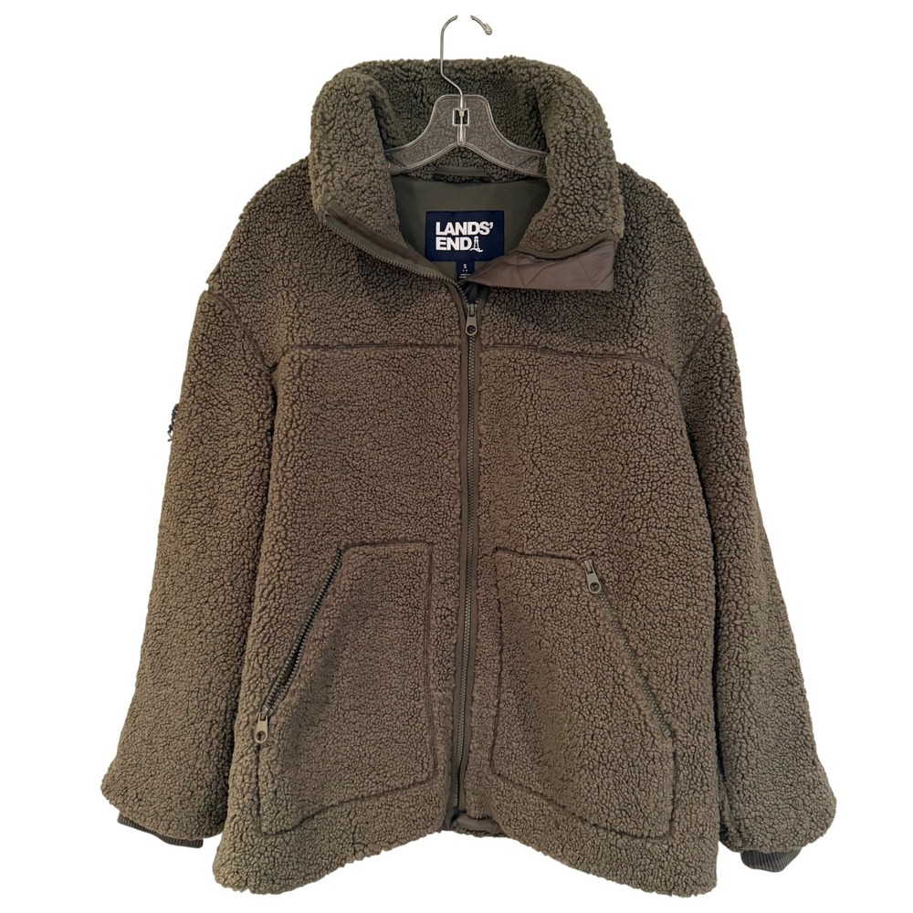 Lands End Sherpa Fleece Jacket Womens Small Olive Outdoors Winter Outerwear Cozy